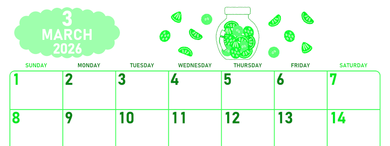 2026年3月横型日曜始まり 果物イラストのかわいいA4無料グリーンのカレンダー(2026-00950300)