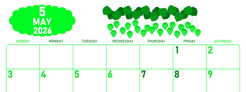 2026年5月横型日曜始まり いちごイラストのかわいいA4無料グリーンのカレンダー(2026-00950500)