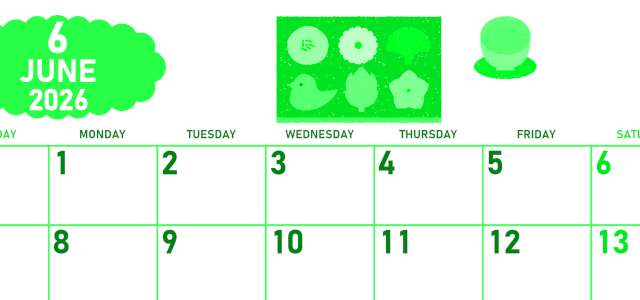 2026年6月横型日曜始まり 和菓子イラストのかわいいA4無料グリーンのカレンダー(2026-00950600)