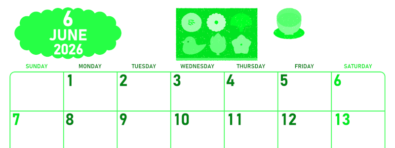 2026年6月横型日曜始まり 和菓子イラストのかわいいA4無料グリーンのカレンダー(2026-00950600)