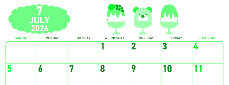 2026年7月横型日曜始まり かき氷イラストのかわいいA4無料グリーンのカレンダー(2026-00950700)