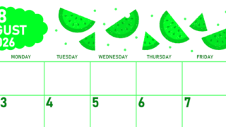 2026年8月横型日曜始まり 季節の果物イラストのかわいいA4無料グリーンのカレンダー(2026-00950800)