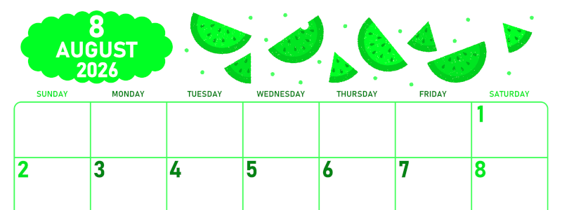 2026年8月横型日曜始まり 季節の果物イラストのかわいいA4無料グリーンのカレンダー(2026-00950800)