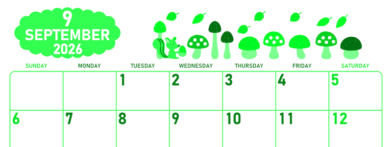 2026年9月横型日曜始まり 秋の季節イラストがかわいいA4無料グリーンのカレンダー(2026-00950900)