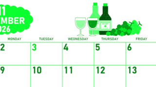 2026年11月横型日曜始まり ぶどうイラストのかわいいA4無料グリーンのカレンダー(2026-00951100)