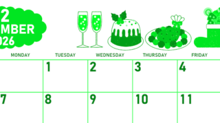 2026年12月横型日曜始まり 御馳走イラストのかわいいA4無料グリーンのカレンダー(2026-00951200)