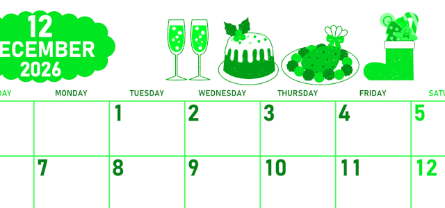 2026年12月横型日曜始まり 御馳走イラストのかわいいA4無料グリーンのカレンダー(2026-00951200)