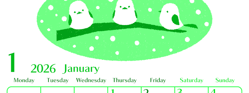 2026年1月縦型月曜始まり イラストのおしゃれA4無料グリーンのカレンダー(2026-00960111)