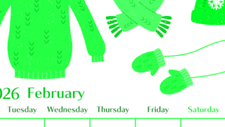 2026年2月縦型月曜始まり イラストのおしゃれA4無料グリーンのカレンダー(2026-00960211)