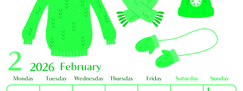 2026年2月縦型月曜始まり イラストのおしゃれA4無料グリーンのカレンダー(2026-00960211)