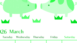 2026年3月縦型月曜始まり 子豚イラストのおしゃれA4無料グリーンのカレンダー(2026-00960311)