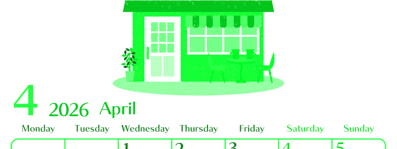 2026年4月縦型月曜始まり 新生活イラストのおしゃれA4無料グリーンのカレンダー(2026-00960411)