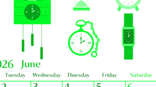 2026年6月縦型月曜始まり 時計イラストのおしゃれA4無料グリーンのカレンダー(2026-00960611)