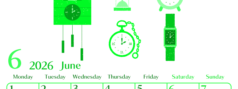 2026年6月縦型月曜始まり 時計イラストのおしゃれA4無料グリーンのカレンダー(2026-00960611)
