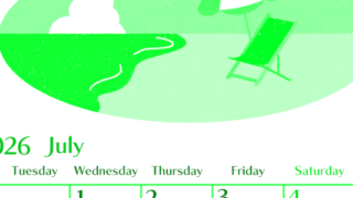 2026年7月縦型月曜始まり  バカンスイラストのおしゃれA4無料グリーンのカレンダー(2026-00960711)