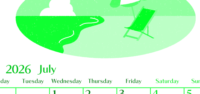 2026年7月縦型月曜始まり  バカンスイラストのおしゃれA4無料グリーンのカレンダー(2026-00960711)