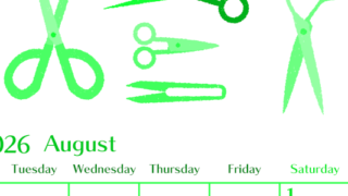 2026年8月縦型月曜始まり ハサミイラストのおしゃれA4無料グリーンのカレンダー(2026-00960811)