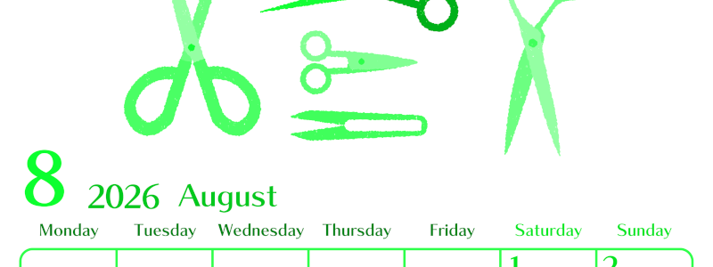 2026年8月縦型月曜始まり ハサミイラストのおしゃれA4無料グリーンのカレンダー(2026-00960811)