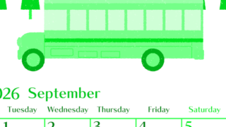 2026年9月縦型月曜始まり バスイラストのおしゃれA4無料グリーンのカレンダー(2026-00960911)