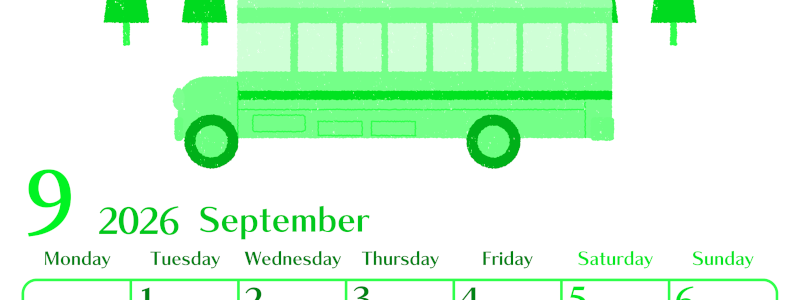 2026年9月縦型月曜始まり バスイラストのおしゃれA4無料グリーンのカレンダー(2026-00960911)