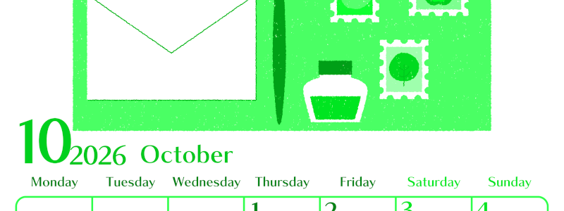 2026年10月縦型月曜始まり 手紙イラストのおしゃれA4無料グリーンのカレンダー(2026-00961011)