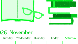 2026年11月縦型月曜始まり 読書イラストのおしゃれA4無料グリーンのカレンダー(2026-00961111)