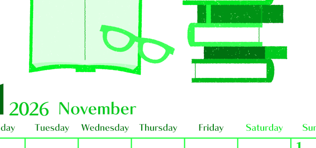 2026年11月縦型月曜始まり 読書イラストのおしゃれA4無料グリーンのカレンダー(2026-00961111)