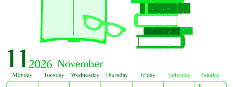 2026年11月縦型月曜始まり 読書イラストのおしゃれA4無料グリーンのカレンダー(2026-00961111)