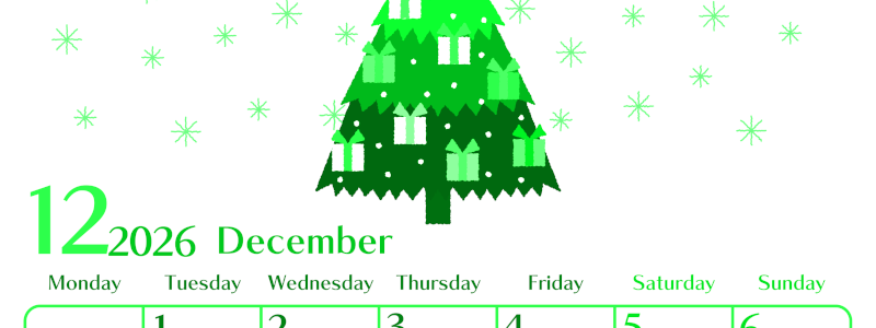 2026年12月縦型月曜始まり クリスマスツリーイラストのおしゃれA4無料グリーンのカレンダー(2026-00961211)