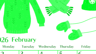 2026年2月縦型日曜始まり イラストのおしゃれA4無料グリーンのカレンダー(2026-00960210)