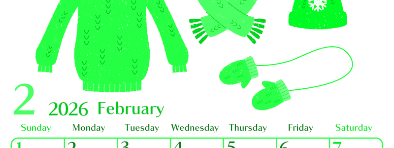 2026年2月縦型日曜始まり イラストのおしゃれA4無料グリーンのカレンダー(2026-00960210)