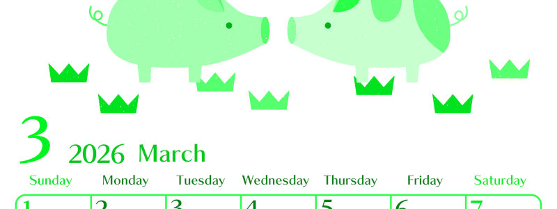 2026年3月縦型日曜始まり 子豚イラストのおしゃれA4無料グリーンのカレンダー(2026-00960310)