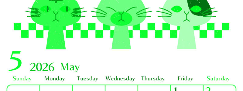 2026年5月縦型日曜始まり 猫たちイラストのおしゃれA4無料グリーンのカレンダー(2026-00960510)