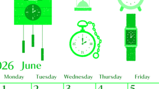 2026年6月縦型日曜始まり 時計イラストのおしゃれA4無料グリーンのカレンダー(2026-00960610)