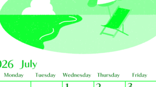 2026年7月縦型日曜始まり  バカンスイラストのおしゃれA4無料グリーンのカレンダー(2026-00960710)