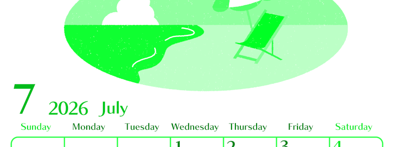 2026年7月縦型日曜始まり  バカンスイラストのおしゃれA4無料グリーンのカレンダー(2026-00960710)