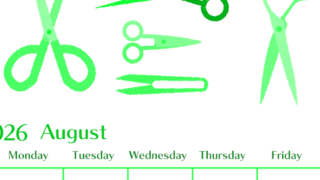 2026年8月縦型日曜始まり ハサミイラストのおしゃれA4無料グリーンのカレンダー(2026-00960810)