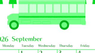 2026年9月縦型日曜始まり バスイラストのおしゃれA4無料グリーンのカレンダー(2026-00960910)