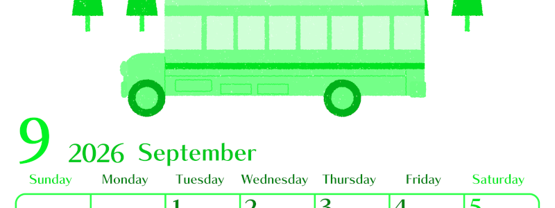 2026年9月縦型日曜始まり バスイラストのおしゃれA4無料グリーンのカレンダー(2026-00960910)