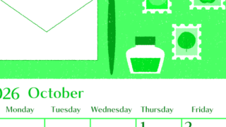 2026年10月縦型日曜始まり 手紙イラストのおしゃれA4無料グリーンのカレンダー(2026-00961010)