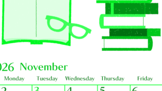 2026年11月縦型日曜始まり 読書イラストのおしゃれA4無料グリーンのカレンダー(2026-00961110)