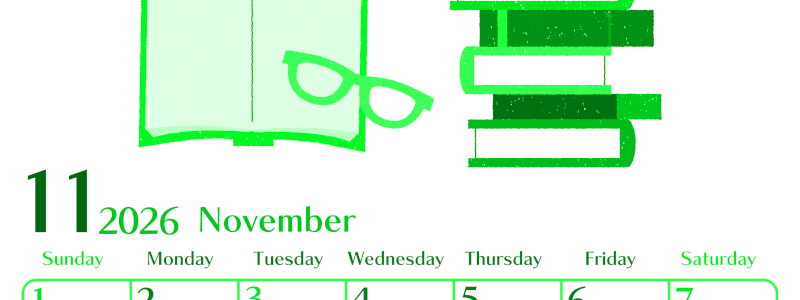 2026年11月縦型日曜始まり 読書イラストのおしゃれA4無料グリーンのカレンダー(2026-00961110)