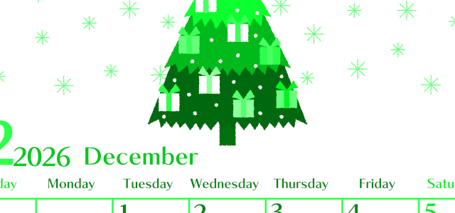 2026年12月縦型日曜始まり クリスマスツリーイラストのおしゃれA4無料グリーンのカレンダー(2026-00961210)