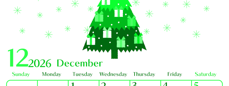2026年12月縦型日曜始まり クリスマスツリーイラストのおしゃれA4無料グリーンのカレンダー(2026-00961210)