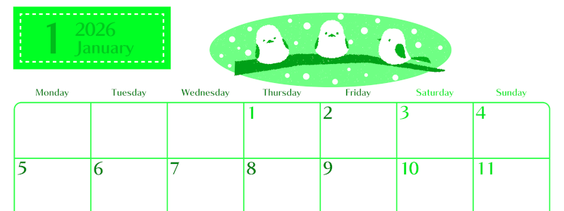 2026年1月横型月曜始まり イラストのおしゃれA4無料グリーンのカレンダー(2026-00960101)