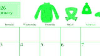2026年2月横型月曜始まり イラストのおしゃれA4無料グリーンのカレンダー(2026-00960201)