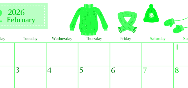 2026年2月横型月曜始まり イラストのおしゃれA4無料グリーンのカレンダー(2026-00960201)