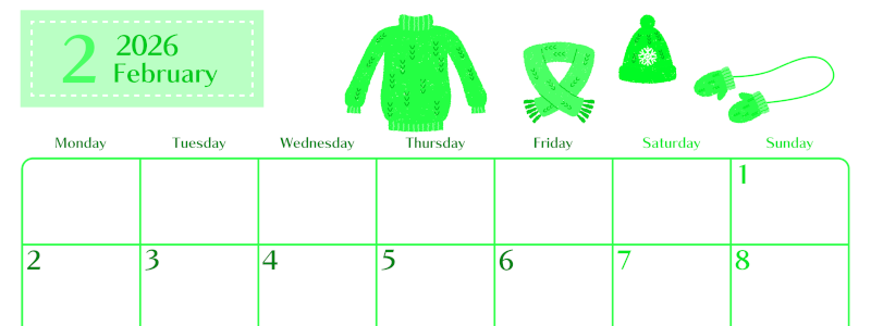 2026年2月横型月曜始まり イラストのおしゃれA4無料グリーンのカレンダー(2026-00960201)