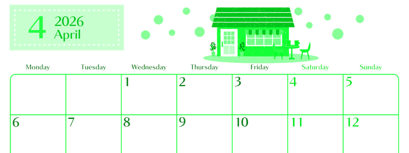 2026年4月横型月曜始まり 新生活イラストのおしゃれA4無料グリーンのカレンダー(2026-00960401)