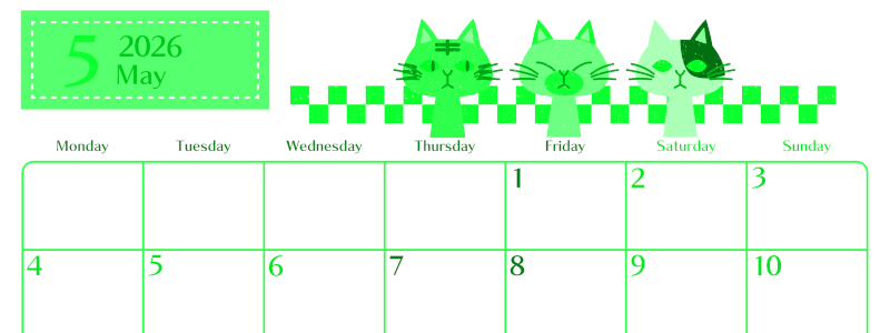 2026年5月横型月曜始まり 猫たちイラストのおしゃれA4無料グリーンのカレンダー(2026-00960501)